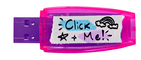 A button with the appearance of a hot pink flash-drive, with a piece of tape on it that reads "Click Me!".